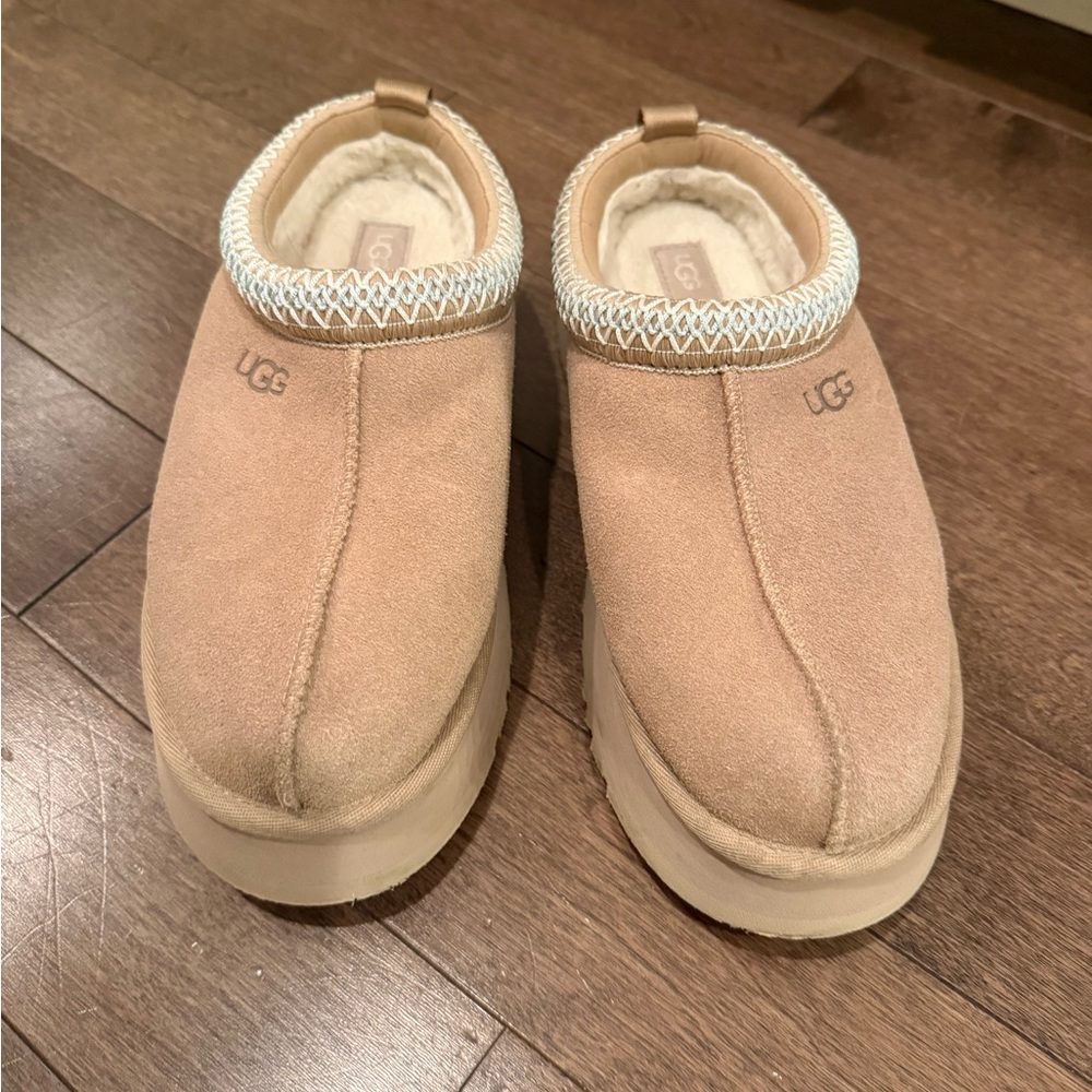 UGG TAZZ PLATFORM Sand/Blue Suede Cozy Slipper sz 9